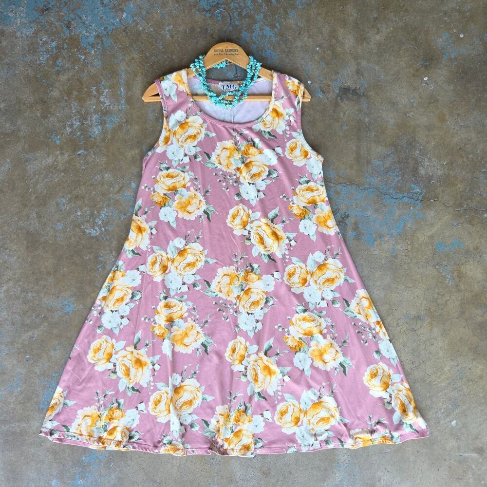 Vintage 90s A Line Midi Dress Size XL Pink Floral Sleeveless Soft Grunge Whimsy
